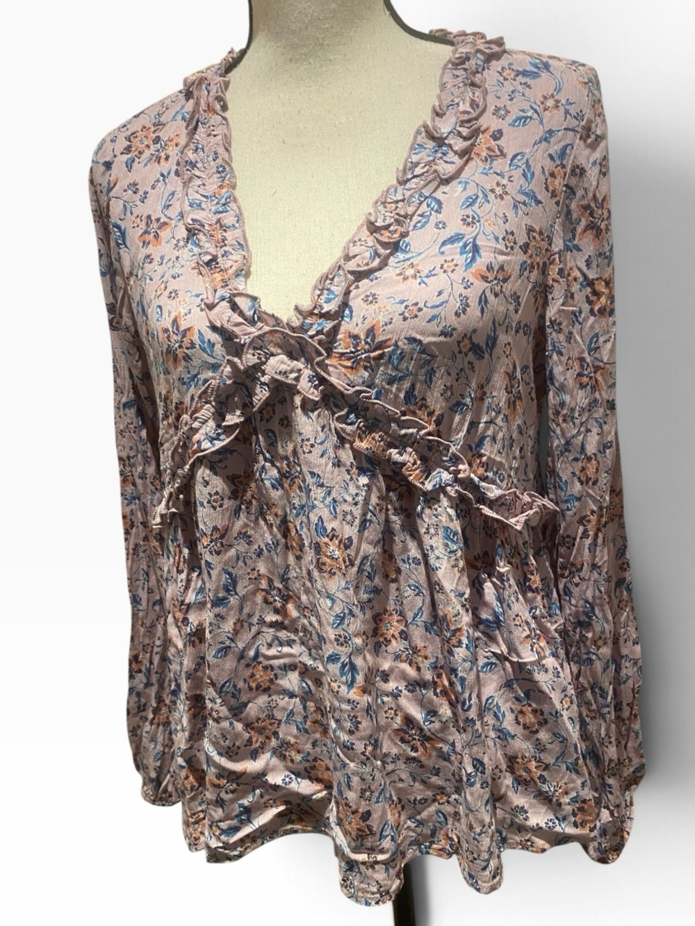 easel Women’s Purple Blue Floral Ruffled V-Neck Back Tie Peasant Blouse new M